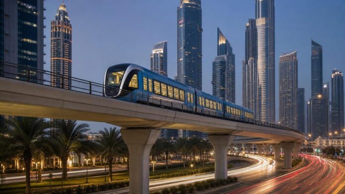 Dubai Metro timings: an elevated metro train on a viaduct at blue hour