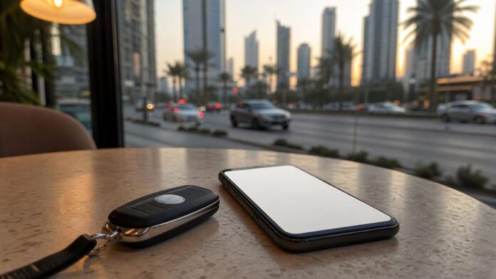 Dubai traffic fine check: a smartphone and car key on a cafe table beside a city road