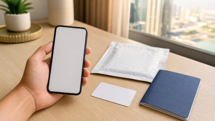 Emirates ID status check on a phone, with an ID card, courier envelope and passport on a desk