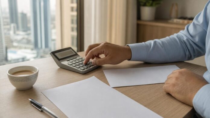 Gratuity calculator UAE: estimating end of service pay with a desk calculator and blank papers