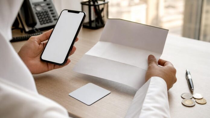 ILOE fine check on a phone, with a payslip, card and coins on an office desk