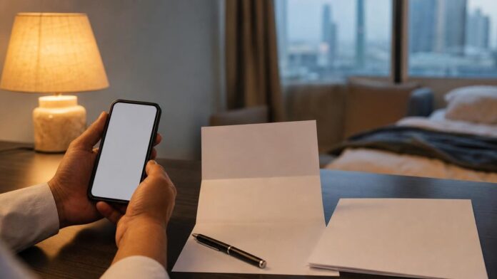 MOHRE complaint on a phone, with an employment contract and bank statement on a desk