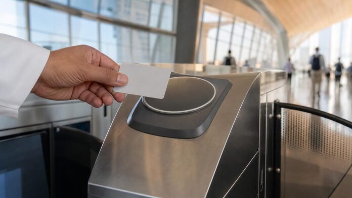 Nol card balance check: a transit card held over a Dubai Metro gate reader