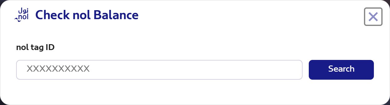 Nol card balance check box on the RTA website homepage with the nol tag ID field