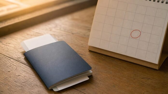 Overstay fine UAE: a passport with a boarding pass next to a calendar with a circled date