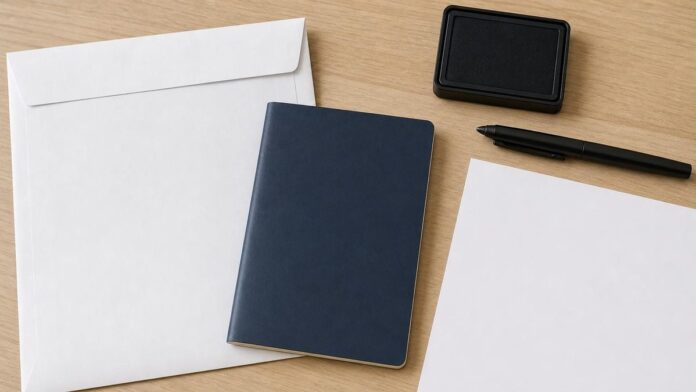 Police clearance certificate Dubai: a document envelope, passport and ink pad on a desk