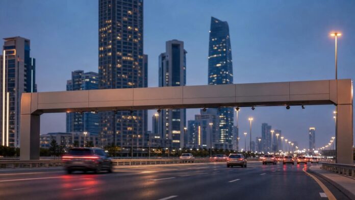 Salik balance check: cars passing under a toll gantry on a Dubai highway at dusk